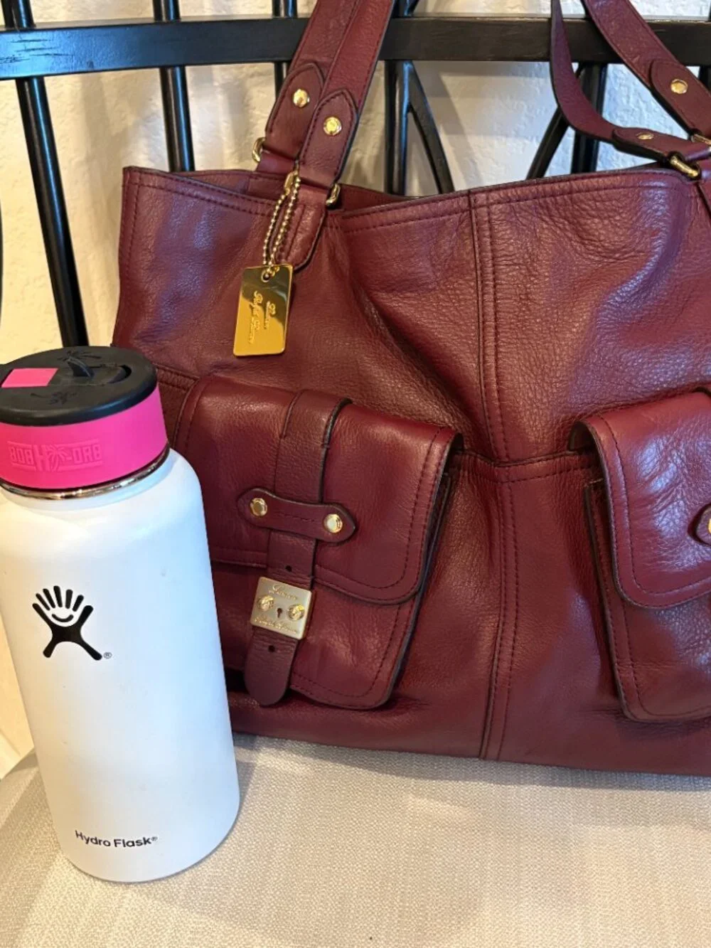 Lauren Ralph Lauren Large Pebbled Leather Tote – Burgundy/Gold Hardware